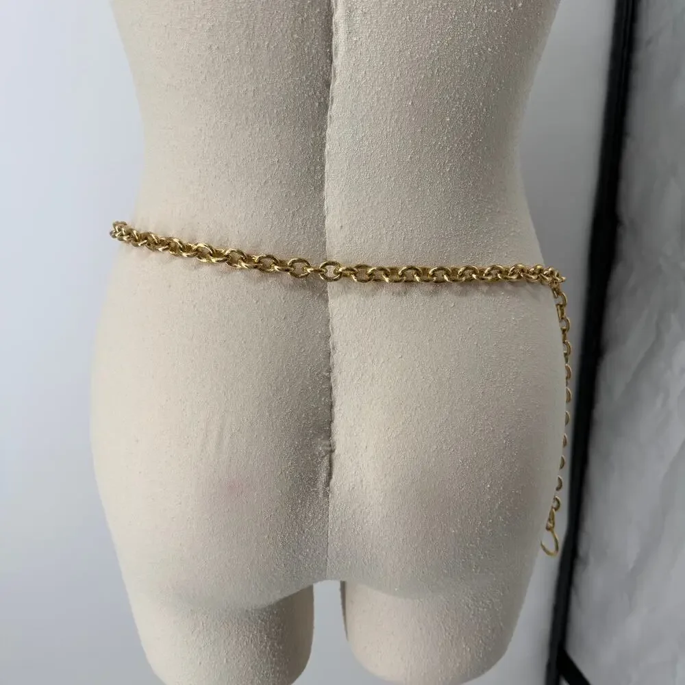 Vintage Style Draped Faux Pearl Gold Toned Chain Belt Chunky Statement